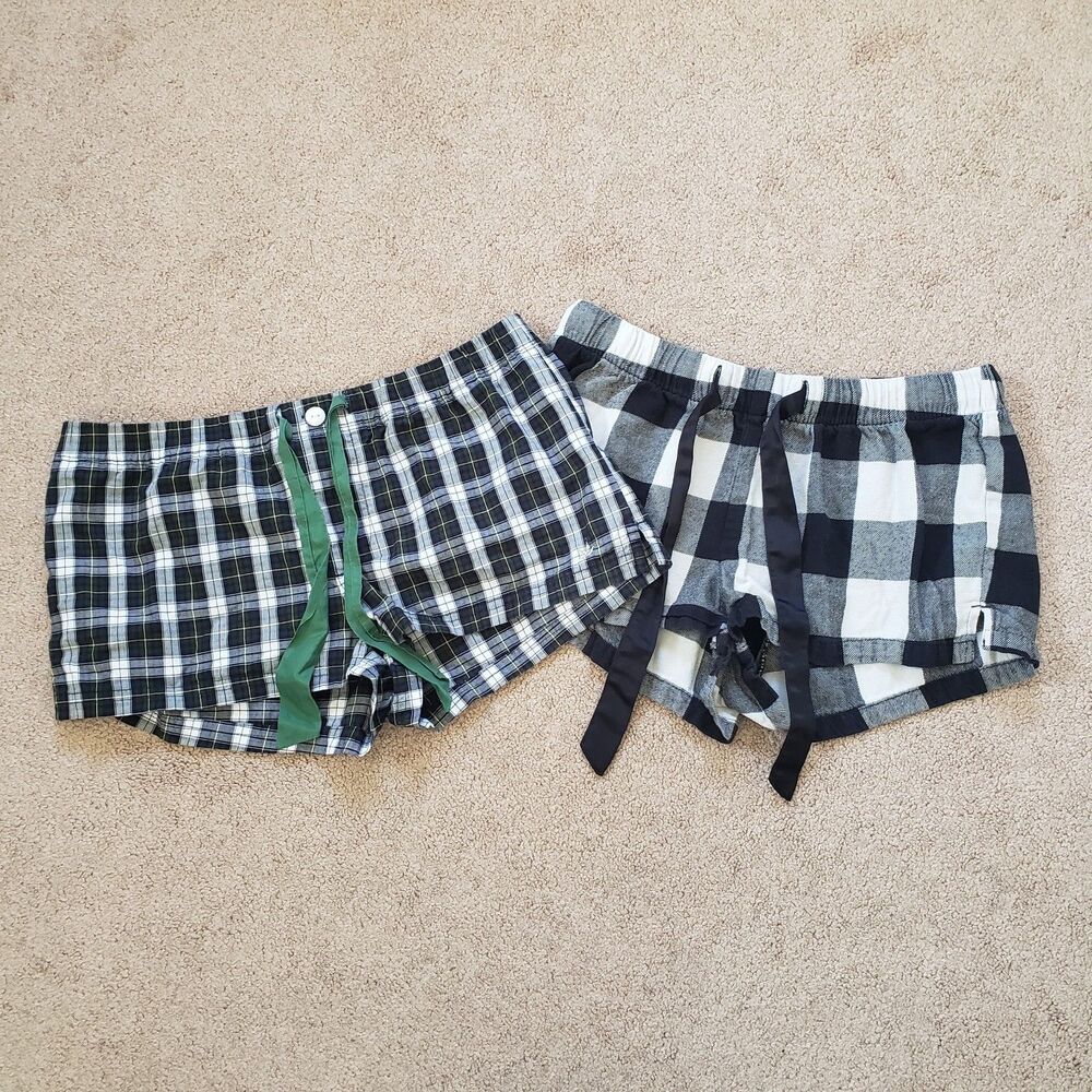 Lot Of 2 Flannel Pajama Shorts Boxer  Plaid Side XS Aerie & Old Navy Drawstring
